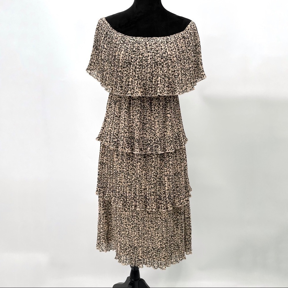 Entro Tan & Black Animal Leopard Print Tiered Off the Shoulder Dress